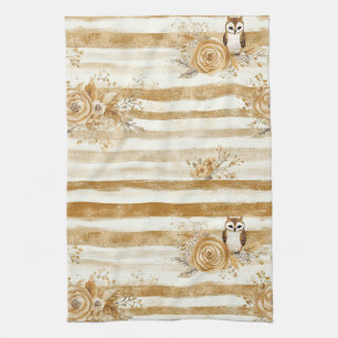 Woodland Owl Stripe with Golden Florals Tea Towel