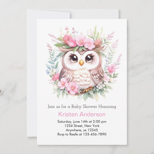 Woodland Owl's Enchanted Flower Girl Baby Shower Invitation (Front)