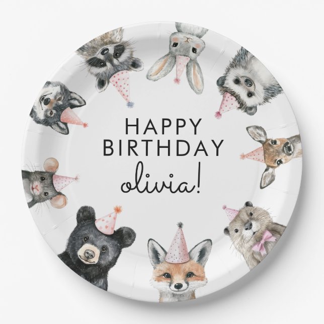 Woodland Party Animal Birthday Paper Plate (Front)