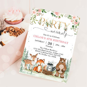 Woodland Party Animals Girl Birthday Invitation