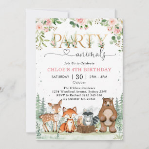Woodland Party Animals Girl Birthday Invitation