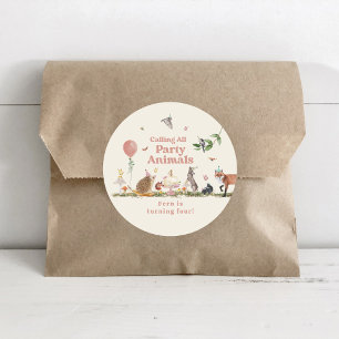 Woodland Party Animals Pink Birthday Party Classic Round Sticker