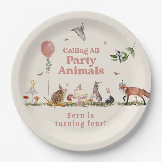Woodland Party Animals Pink Birthday Party Paper Plate (Front)