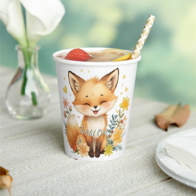 Woodland Pastel Watercolor Fox Yellow Hearts Party Paper Cups (Insitu)