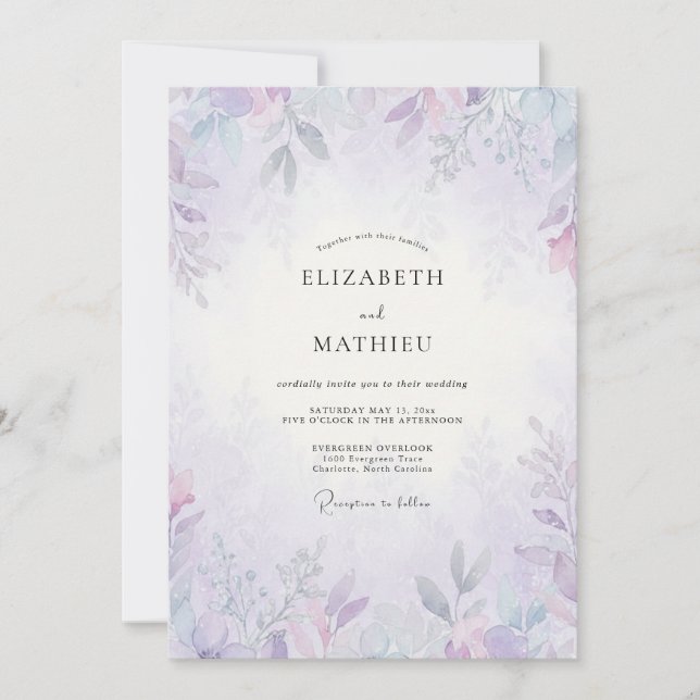Woodland Periwinkle Violet Leafy Wedding Invitation (Front)