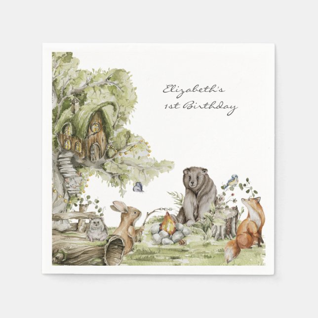 Woodland Picnic | Forest Animals Birthday Party Napkin (Front)