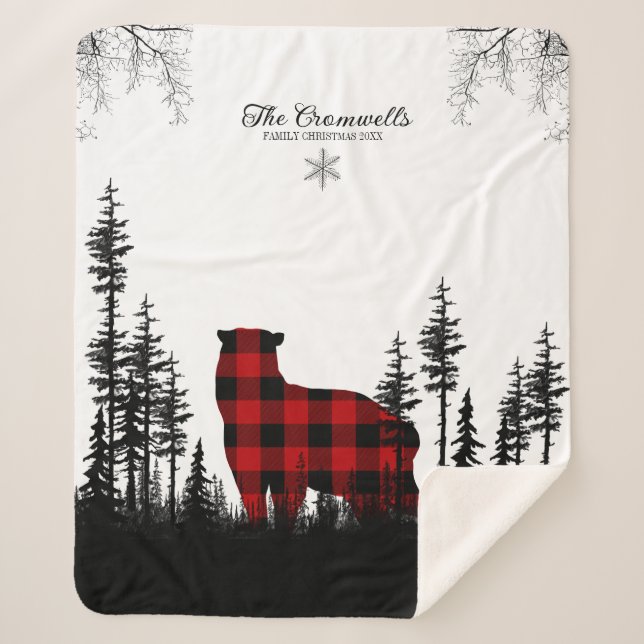 Woodland Pine Forest Bear Family Christmas Name Sherpa Blanket (Front)