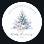 Woodland Pine Forest Deer Merry Christmas Classic Round Sticker<br><div class="desc">A cute baby deer is nestled in winter pine branches. Merry Christmas is written in a simple script below,  with an additional line below to customise the measure further. All of the text on this card can be edited.</div>