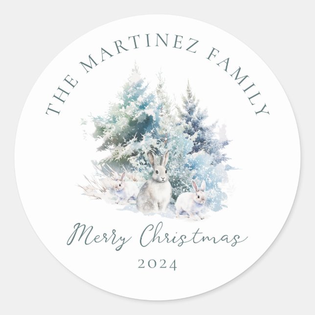Woodland Pine Forest Rabbit Merry Christmas Classic Round Sticker (Front)
