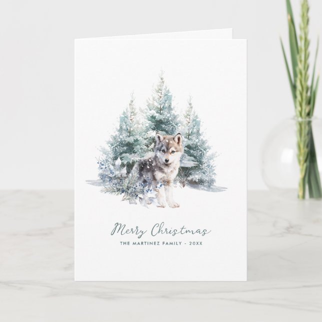 Woodland Pine Forest Wolf Merry Christmas Folded Holiday Card (Front)