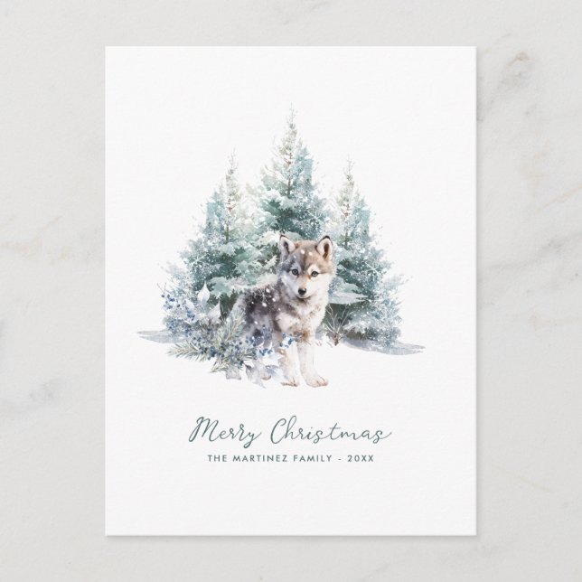Woodland Pine Forest Wolf Merry Christmas Holiday Postcard (Front)