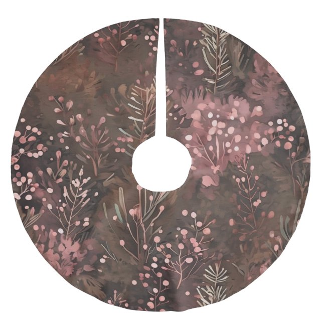 Woodland Pine & Soft Pink Berries Holiday Pattern Brushed Polyester Tree Skirt (Front)