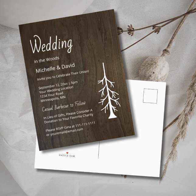 Woodland Pine Tree Rustic Wood Casual Wedding Invitation Postcard (Creator Uploaded)