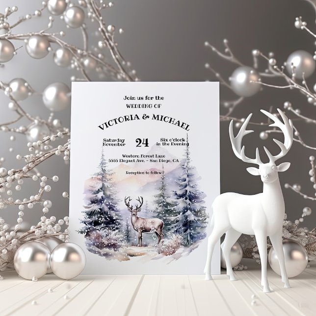 Woodland Pine Trees Deer Snow Mountain Wedding Invitation (Creator Uploaded)