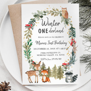Woodland Pine Trees Winter Onederland Birthday Invitation