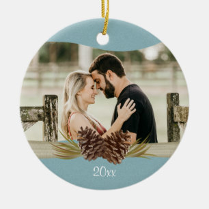 Woodland Pinecones Blue Photo Ceramic Tree Decoration
