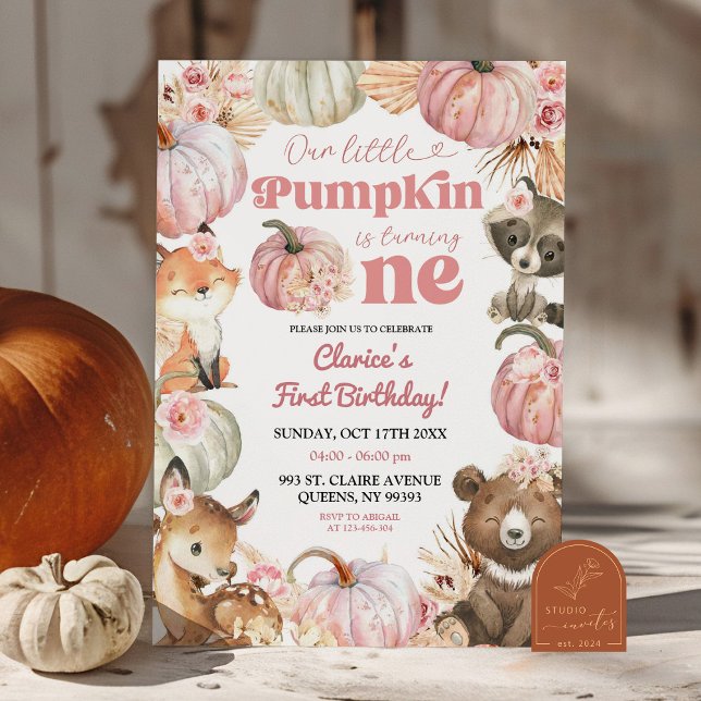 Woodland Pink Boho Pumpkin Girl 1st Birthday Invitation (Creator Uploaded)