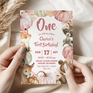 Woodland Pink Boho Pumpkin Girl 1st Birthday Invitation