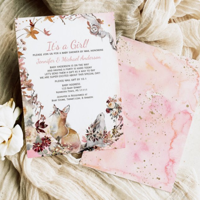 Woodland Pink Girl Fox Bunny Baby Shower By Mail Invitation (Creator Uploaded)