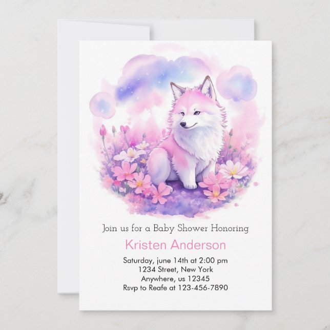 Woodland Pink Wolf Cub Baby Shower Invitation (Front)