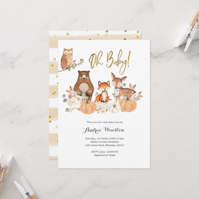 Woodland Pumpkin Baby Shower Invitation (Front/Back In Situ)