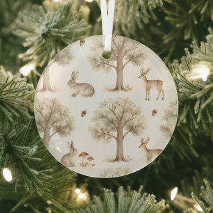 Woodland rabbit and deer pattern glass tree decoration