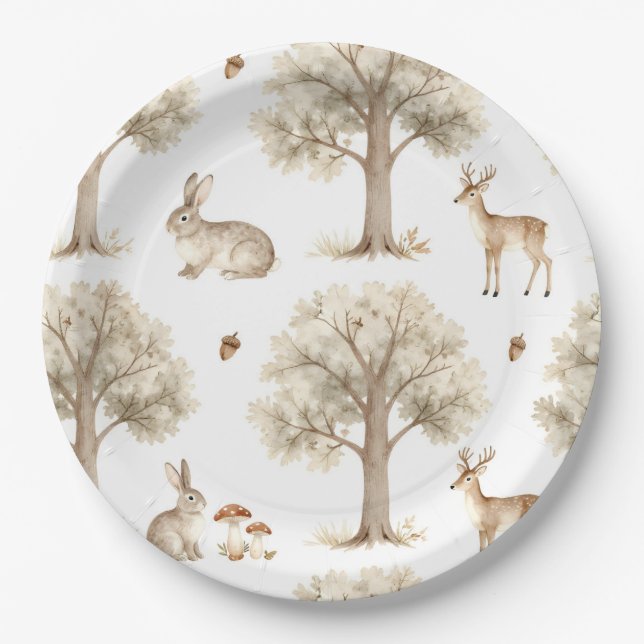 Woodland rabbit and deer pattern paper plate (Front)