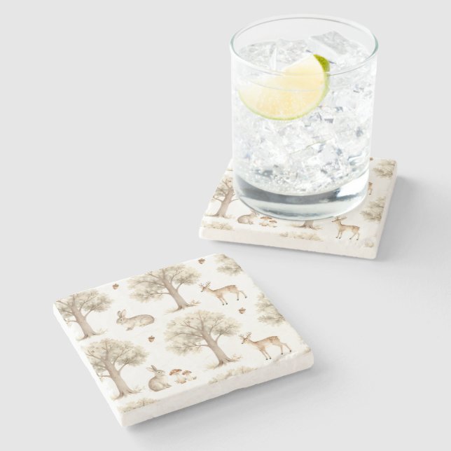 Woodland rabbit and deer pattern stone coaster (Side)