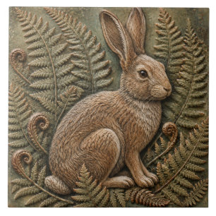 Woodland Rabbit & Ferns Cottagecore Nature Art Tile