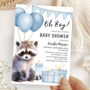 Woodland Racoon Baby Shower Boy Blue Balloons Invitation