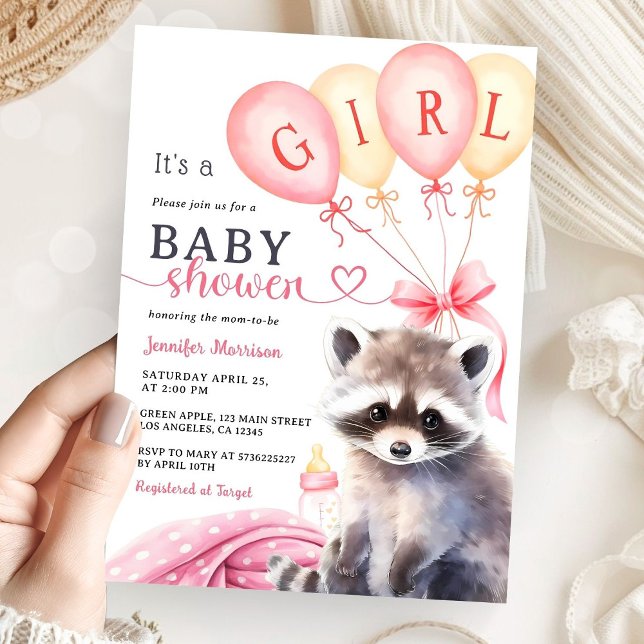 Woodland Racoon Baby Shower Girl Pink Balloons Invitation (Creator Uploaded)