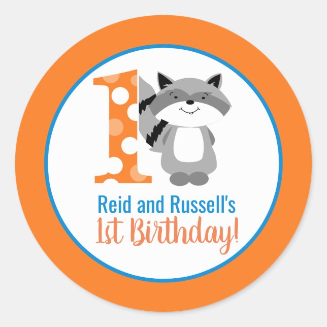 Woodland Racoon Boy's 1st Birthday Stickers (Front)