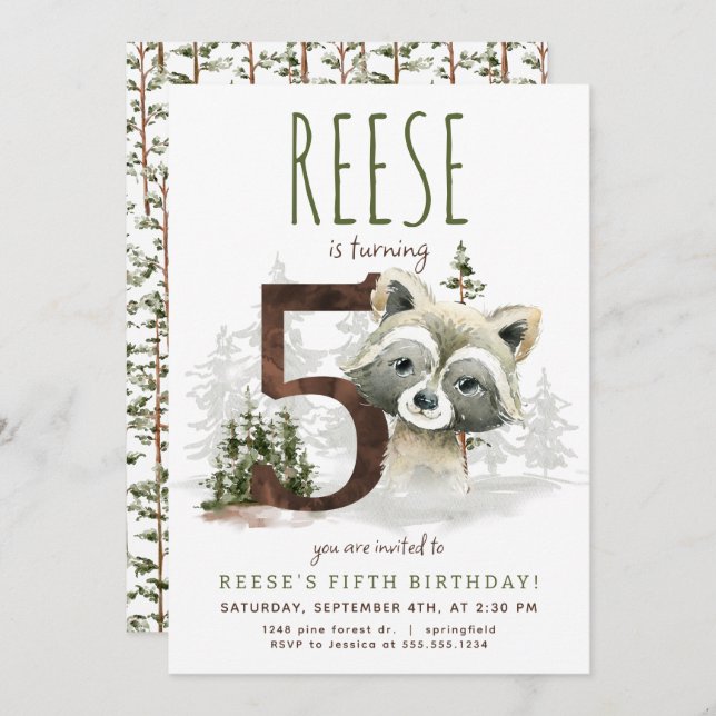 Woodland Racoon Fifth Birthday Invitation (Front/Back)