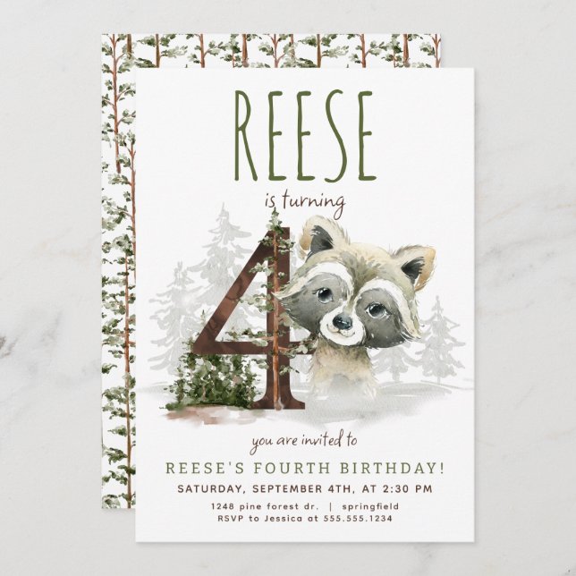 Woodland Racoon Fourth Birthday Invitation (Front/Back)