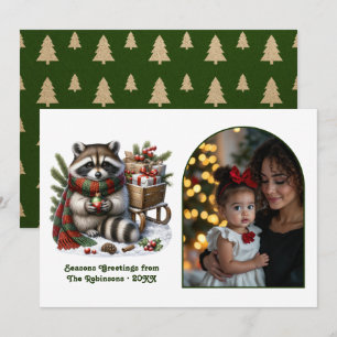 Woodland Racoon Seasons Greeting Rustic Christmas Holiday Card