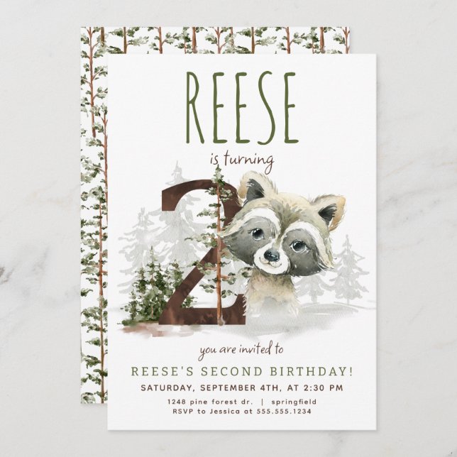 Woodland Racoon Second Birthday Invitation (Front/Back)