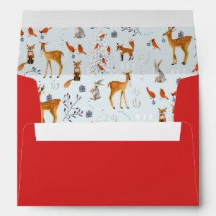 Woodland red & blue Christmas animals Birds trees Envelope
