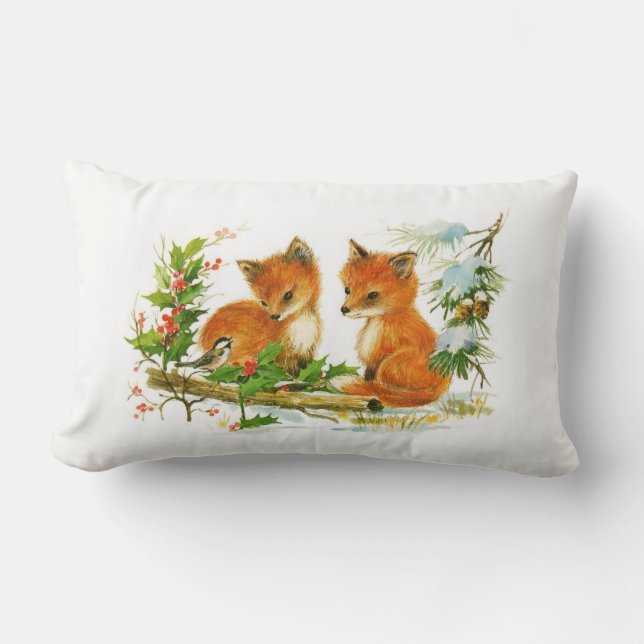 Woodland Red Foxes and Bird Christmas Snow Scene Lumbar Cushion (Front)