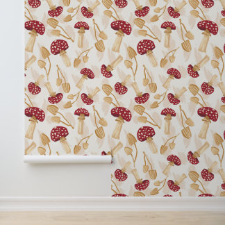 Woodland red mushrooms and paint strokes wallpaper