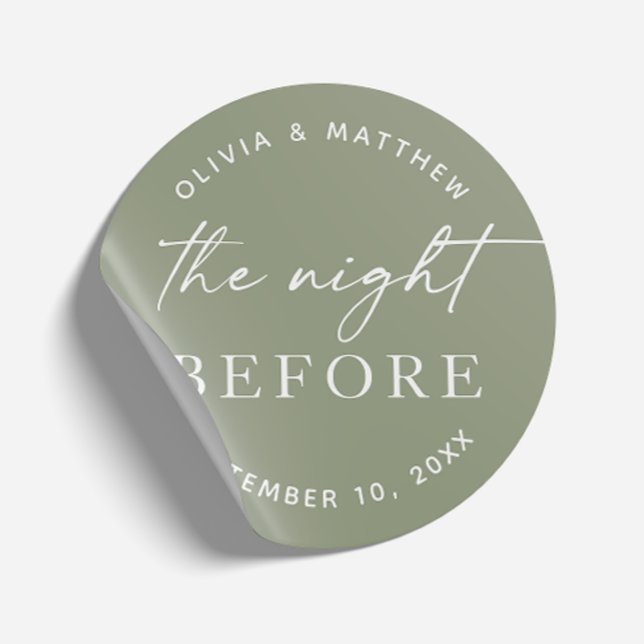 Woodland Rehearsal Dinner. Sage Green Night Before Classic Round Sticker (Creator Uploaded)