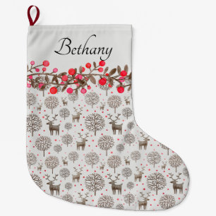 Woodland Reindeer & Berries   Smoke White Large Christmas Stocking