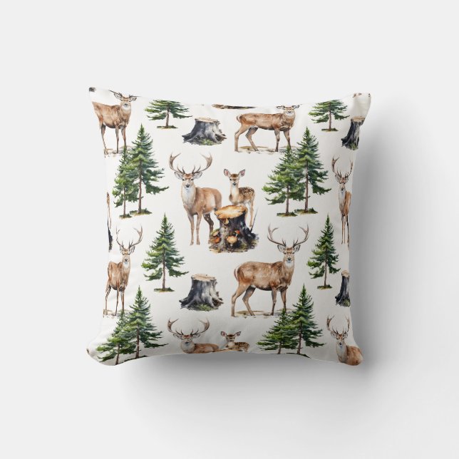 Woodland Reindeer Family Foraging Thru The Forest  Cushion (Front)