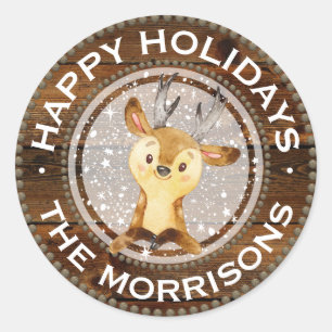 Woodland Reindeer   Rustic Christmas Personalised Classic Round Sticker