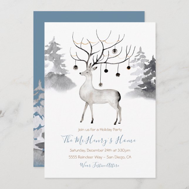 Woodland Reindeer Watercolor Christmas Party Invitation (Front/Back)