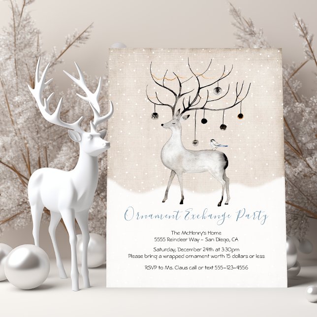 Woodland Reindeer Watercolor Ornament Exchange Invitation (Creator Uploaded)
