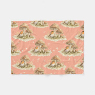 Woodland Robin & Mushroom Watercolor Pattern Fleece Blanket