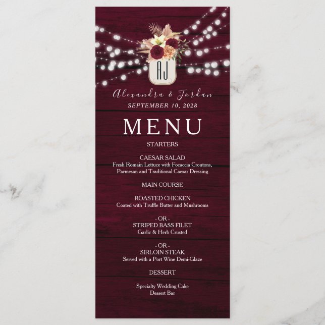 Woodland Rustic Burgundy Wedding Menu (Front)