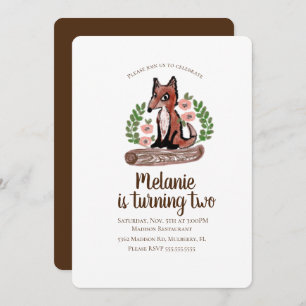 Woodland Rustic Fox Floral Birthday Party Invitation