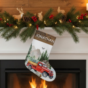 Woodland Rustic Watercolor Truck Cabin Country Small Christmas Stocking