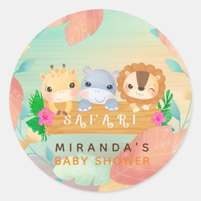 Woodland Safari Animals Boy Baby Shower Classic Round Sticker (Front)